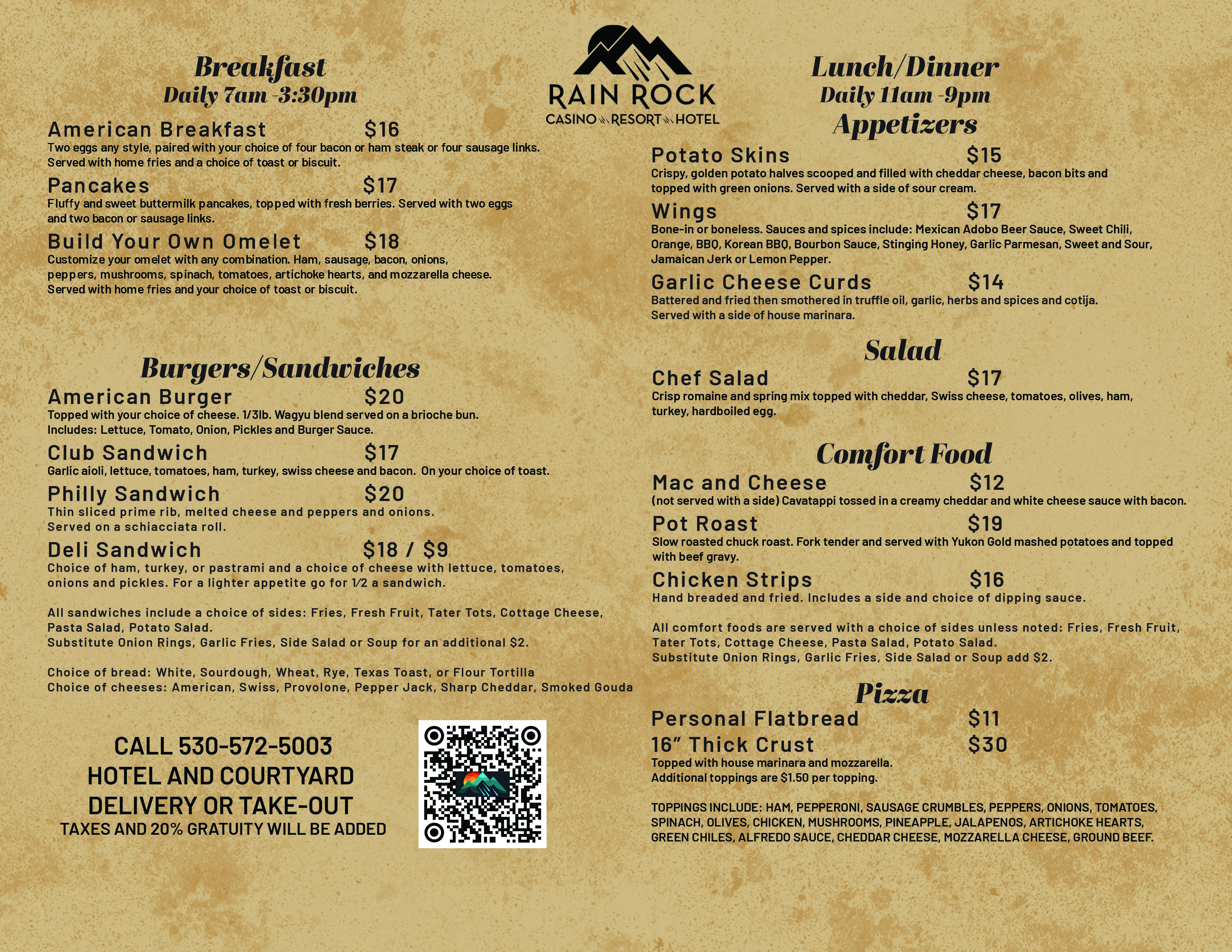Courtyard menu featuring breakfast, lunch, and dinner options in Yreka