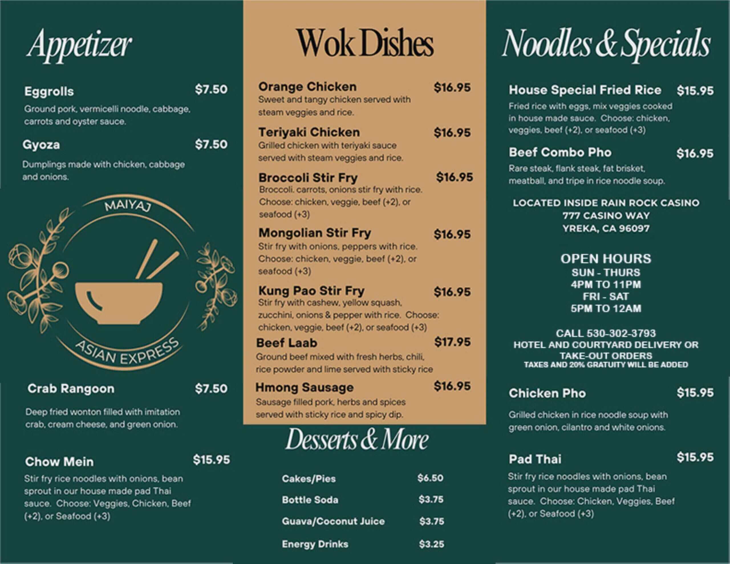 Menu featuring appetizers wok dishes and noodle specials at Rain Rock Casino in Yreka CA