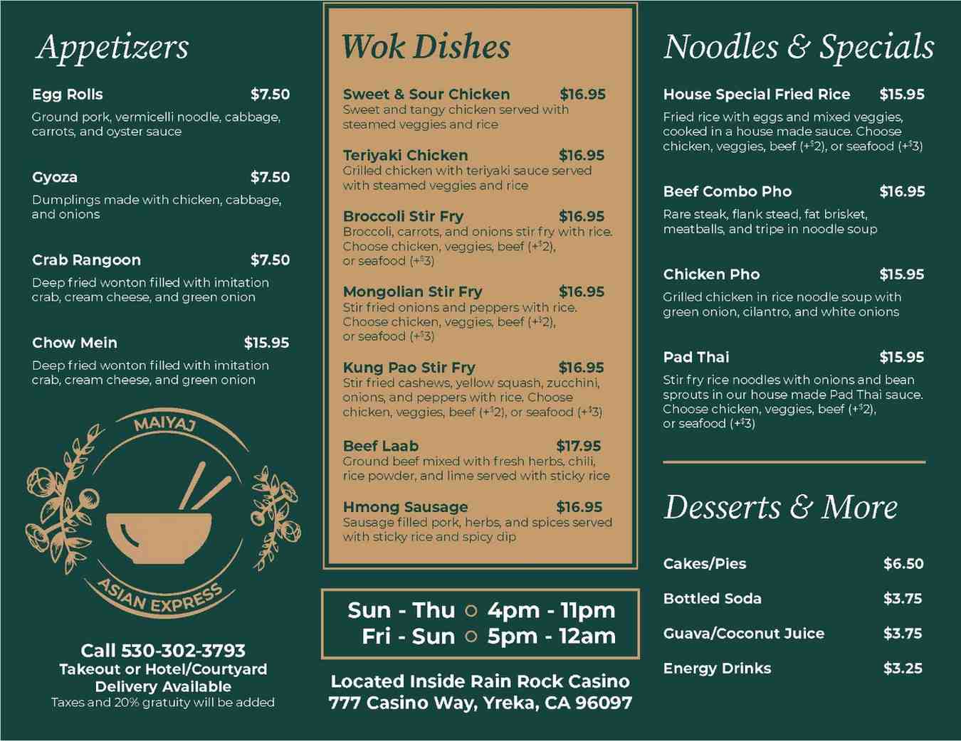 Asian restaurant menu with appetizers, wok dishes, noodles, specials, prices, and hours listed