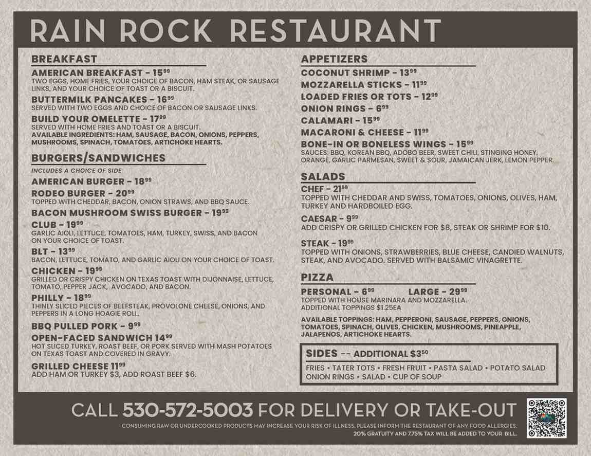 Rain Rock Restaurant menu with breakfast, burgers, appetizers, salads, pizza, sides, and prices